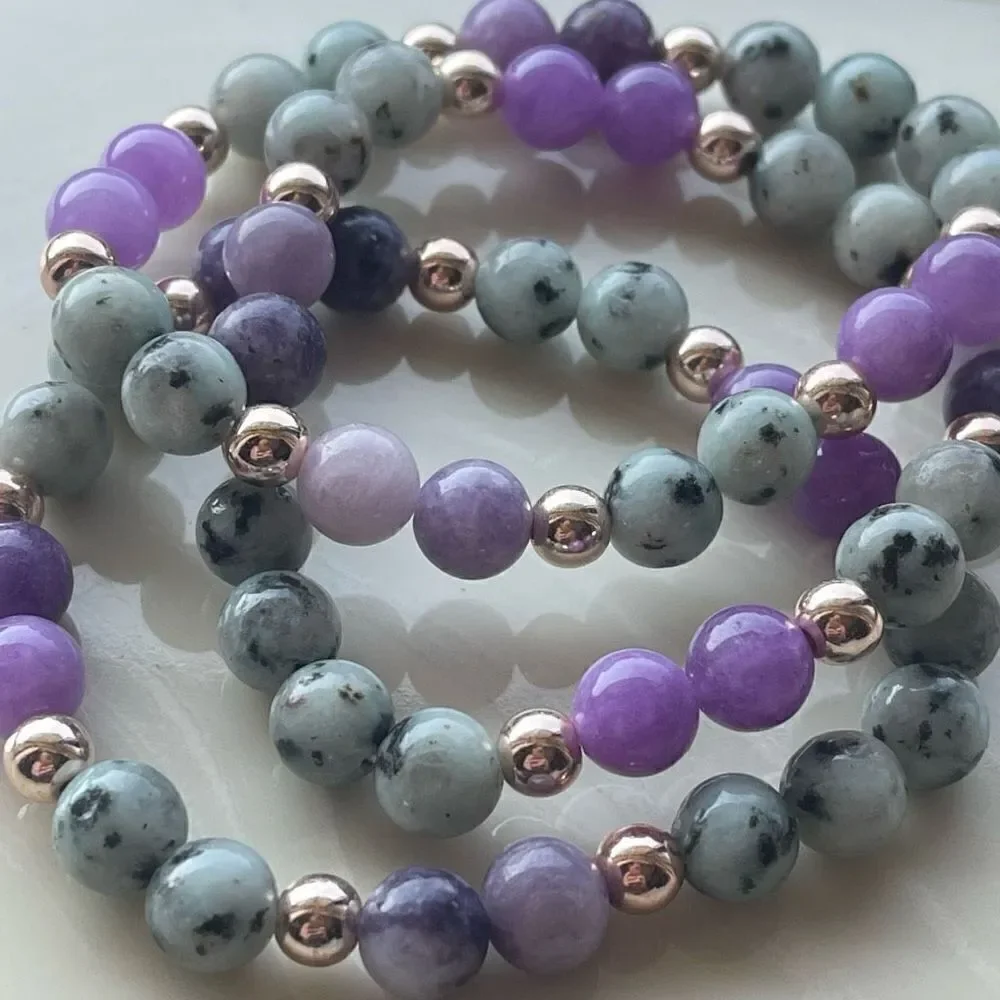 Lepidolite kiwi jasper rose gold tone ONE NEW stretch bracelet crystal stone med